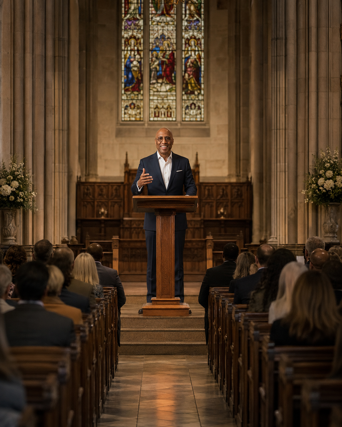 Pastor Donald Mayes speaking from a pulpit